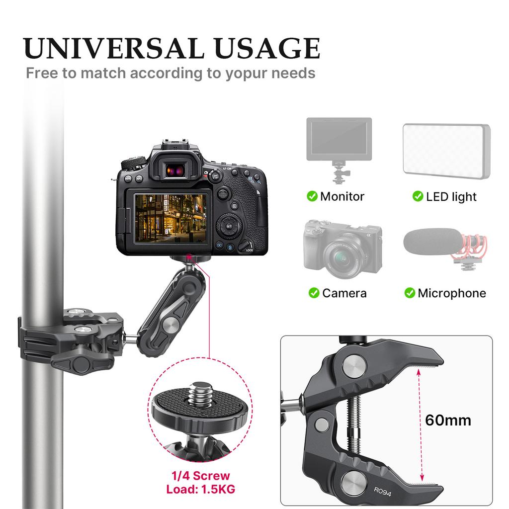 R094 Multi-functional Super Clamp   Mount Clamp Dual 360 degrees  Rotatable  head Aluminum Alloy with 1Celsius4 Inch Screw 3Celsius8 Inch Thread