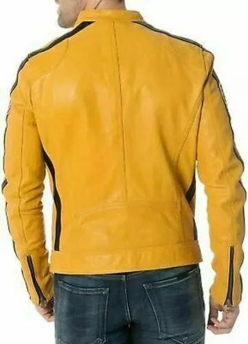 Veste de motard décontractée jaune en cuir d'agneau véritable pour homme, faite à la main