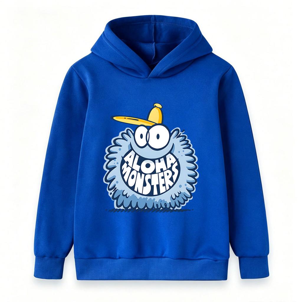 Kids Boys Girls Crewneck Hoodie, Cute Fuzzy Cartoon Monster Aloha Print Casual Long Sleeve Pullover Sweatshirt, Cozy Lightweight Tops For