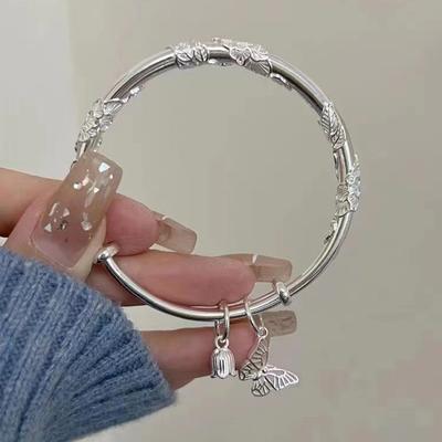 Chinese Style Floral Butterfly Push Pull Adjustable Bangle Heart Shaped Bamboo Link Flower Bud Opening Bracelet  Jewelry