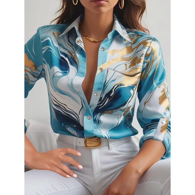 Women Print O-Neck Button Long Sleeve Shirt Loose Casual Holiday Tops Blouse