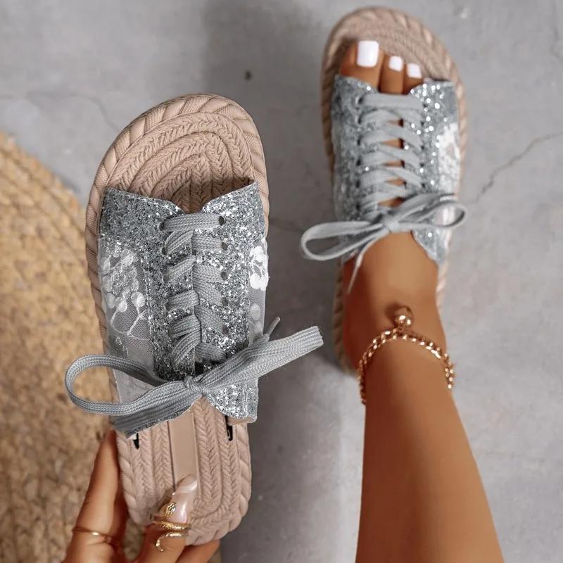 Fashion Women's Slippers 2025 Summer New Style Fashion Embroidery Decoration Casual Lace-up Mesh Open-Toe Flop Women's Large Size