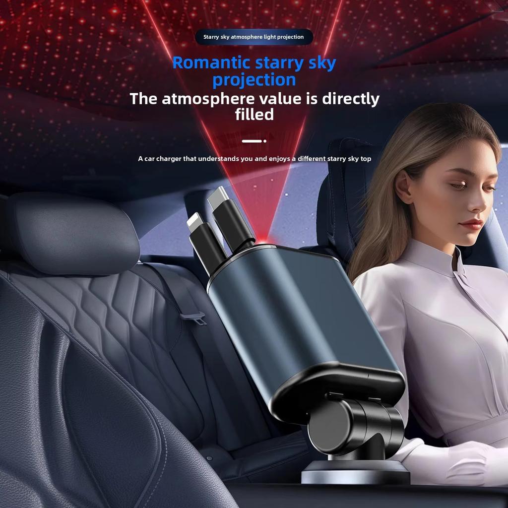 Retractable Car Charger 120W Starry Sky Top Projection Light Four-In-One Type-C+Lightning Dual Wires Usb+Pd Expansion Socket