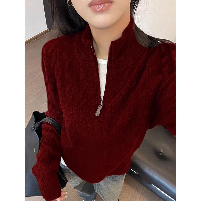 Korean Style Half-Zip Cable Knit Sweater for Women - Autumn/Winter 2024