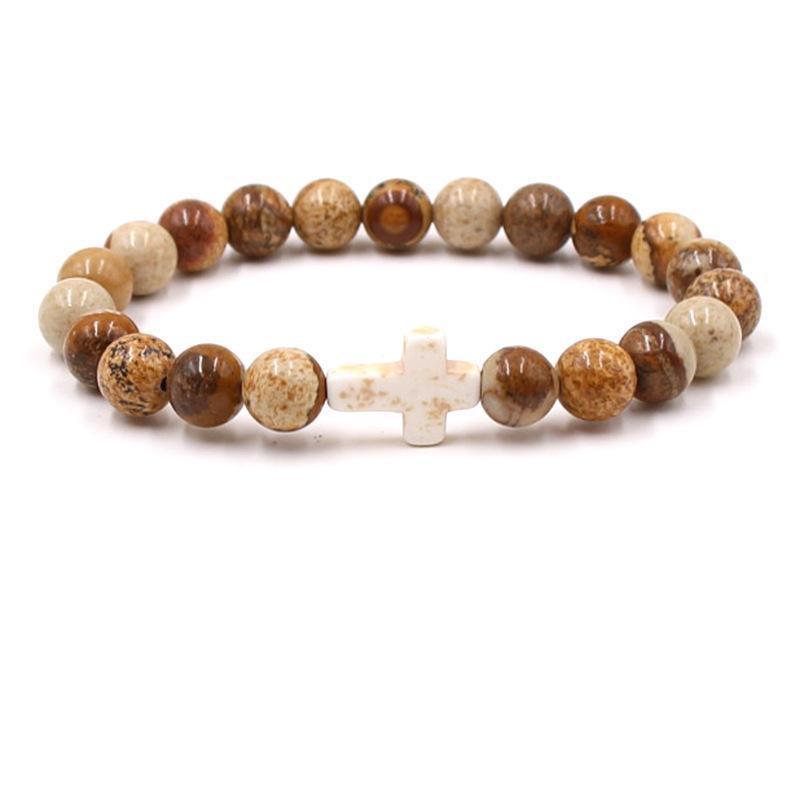 Trendy Beaded Bracelet With Natural Agate Stones - Stylish Cross Pendant Bracelet - Elegant Jewelry For Daily Wear