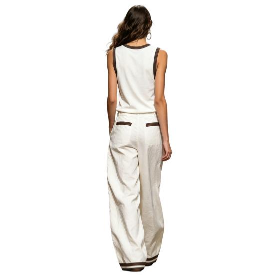 Summer 2 Piece Linen Sets for Women, V Neck Sleeveless Tank Top And Wide Leg Pants Matching Sets, Color Block Lounge Outfits with Pockets