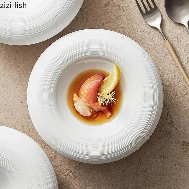 צלחת הגשה קרמית עגולה עבה מרק צלחת חטיפים צלחת סלמון כלי שולחן למסעדה צלחת בידוד דו שכבתית לבנה