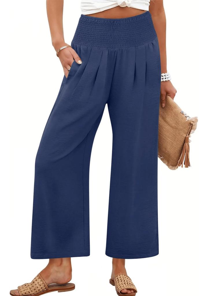 Women's High Waist Elastic Waist Wide Leg Pants In Olive Green