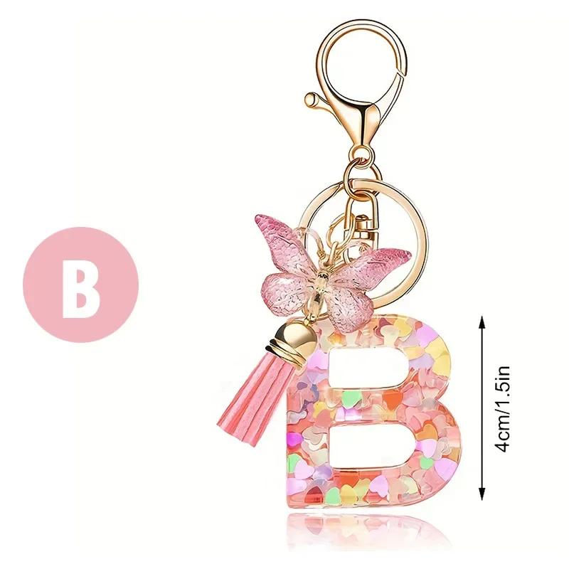 A-Z Dreamy Letters Keychain for Women Tassels Butterfly Pendant Initial Keyrings Purse Suspension Bags Car Key Chain Pink