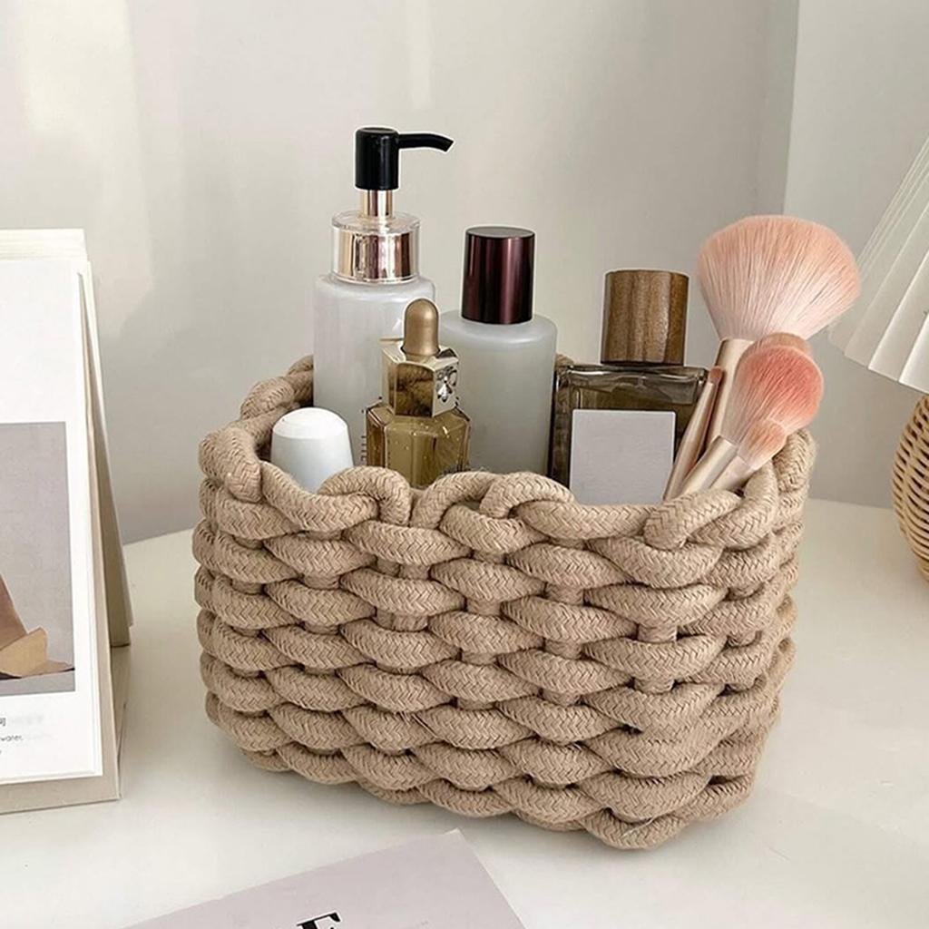 2pcs Woven Cotton Rope Woven Storage Box Basket Desktop Organizer Sundries Toys Comestics Keys Snacks Sundries Organizer
