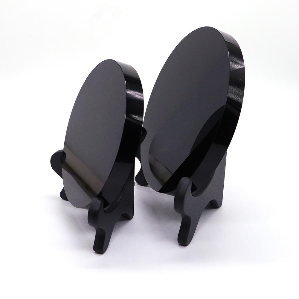 High Quality Natural Black Obsidian Stone Scrying Mirror Round Plate Fengshui Mirror For Crystal Home Decoration Gift With Shelf