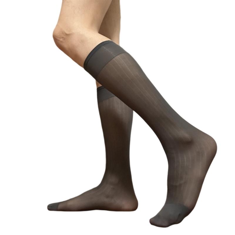 Mens Nylon Sheer Suit Socks Business Dress Socks Elastic Wide Striped See Through Formal Dress Over the Calf Stockings