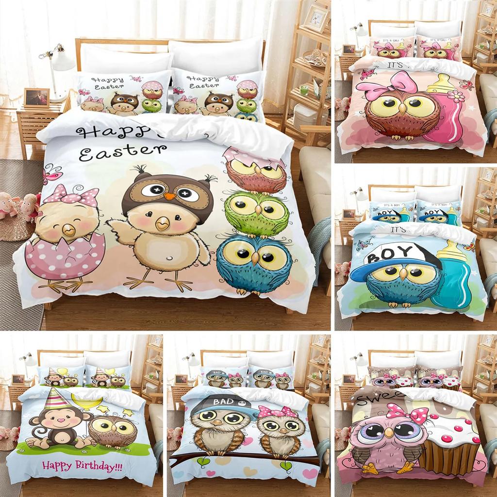 Cartoon Owl Duvet Cover Set Fashion Cute Animal Bedding Set Soft Microfiber Print Comforter Cover Decorative Kids Children Room