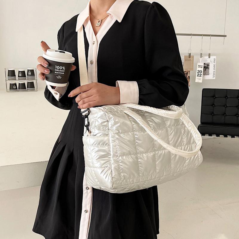 Chic Quilted Puffer Tote Bag for Women Solid Color Soft Fabric Shoulder Handbag