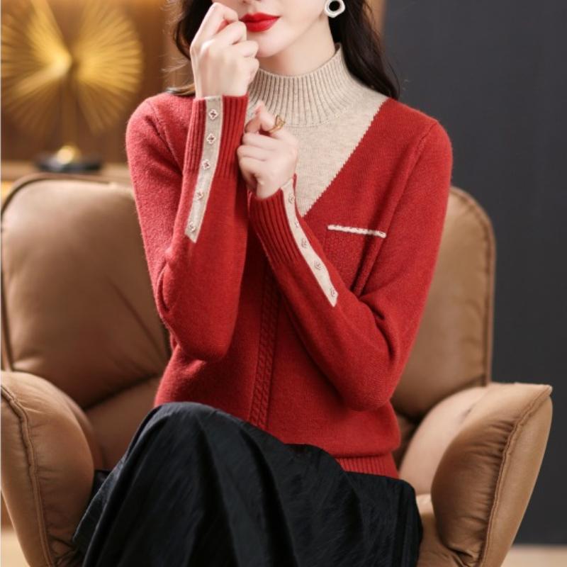 Women Vintage Splicing Panelled Sweaters Autumn Winter Fashion Mock Neck Long Sleeve Casual Slim Knitted Pullovers