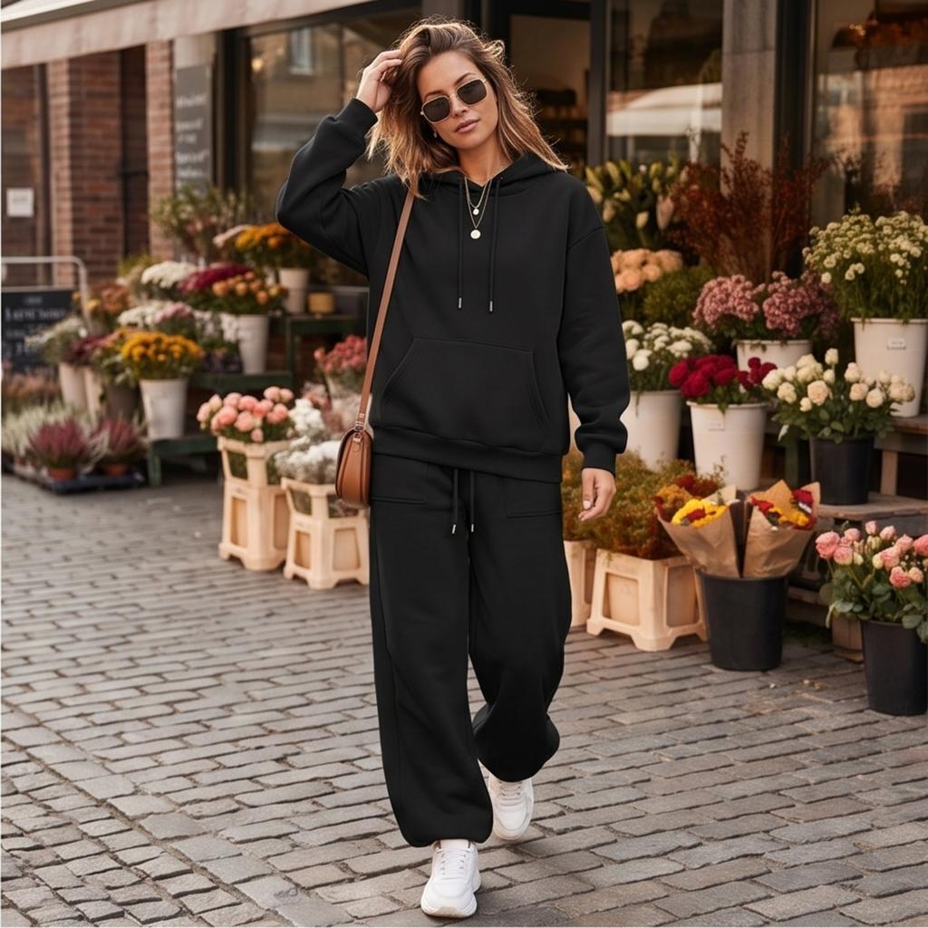 Women's Unisex Loose Fit Color Athletic Hoodie and Wide Leg Sweatpants Set