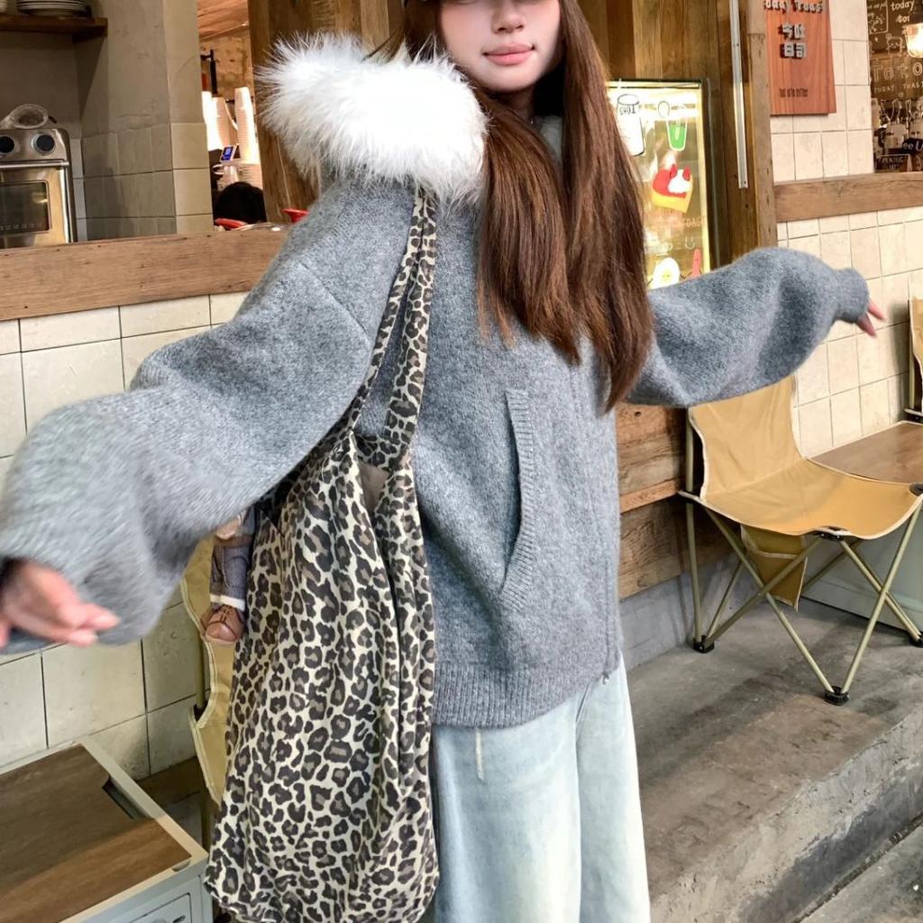 Big Collar Sweater Cardigan Jacket for Women Autumn Winter Loose Fit Slimming Knit Sweater