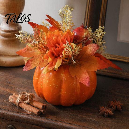 Indoor Halloween Holiday Accents Fall Pumpkin Table Ornament, Artificial Foam with Flower, Maple Centerpiece for Home Leaves, Berry Autumn Harvest
