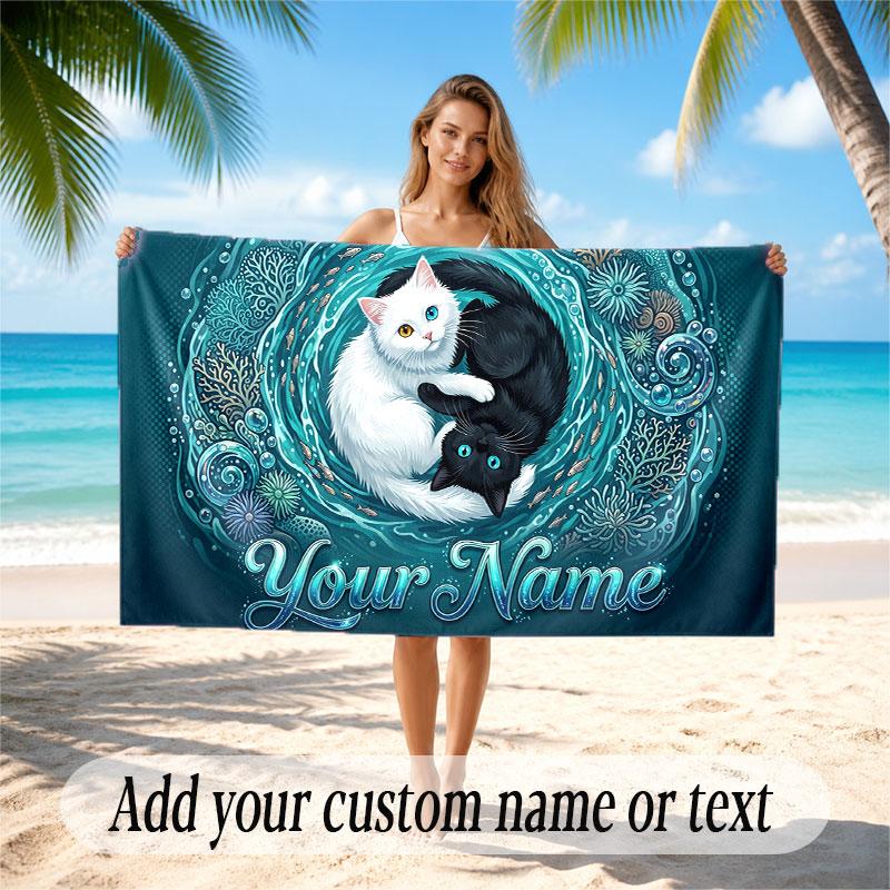 Cat Theme Soft Beach Towel Personalized Custom Name Text Towel Portable for Beach Pool Travel