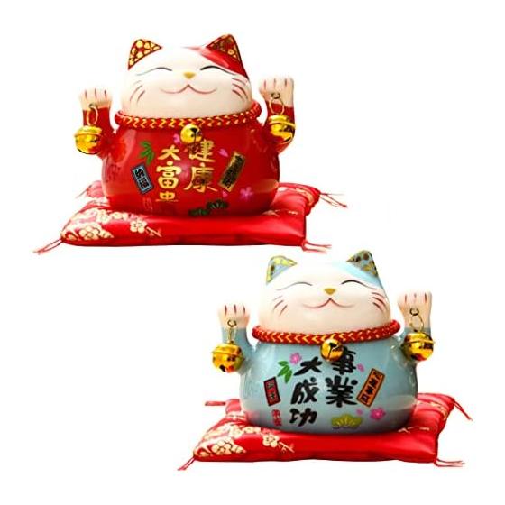 Felimoa Good Luck Lucky Cat Piggy Bank Feng Shui Interior Figurine Increases Money Luck Cushion Included 2 Color Set (Red x Blue)