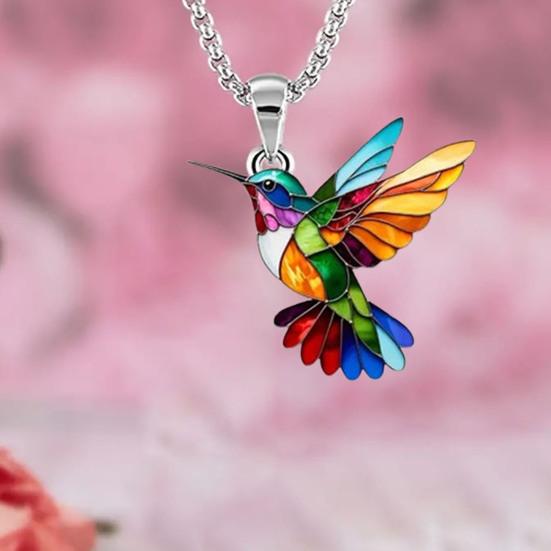 Rainbow Hummingbird Necklace Acrylic Colorful Bird Pendant Necklace Lightweight Fashion Necklace Jewelry Gift for Women Bird Lovers