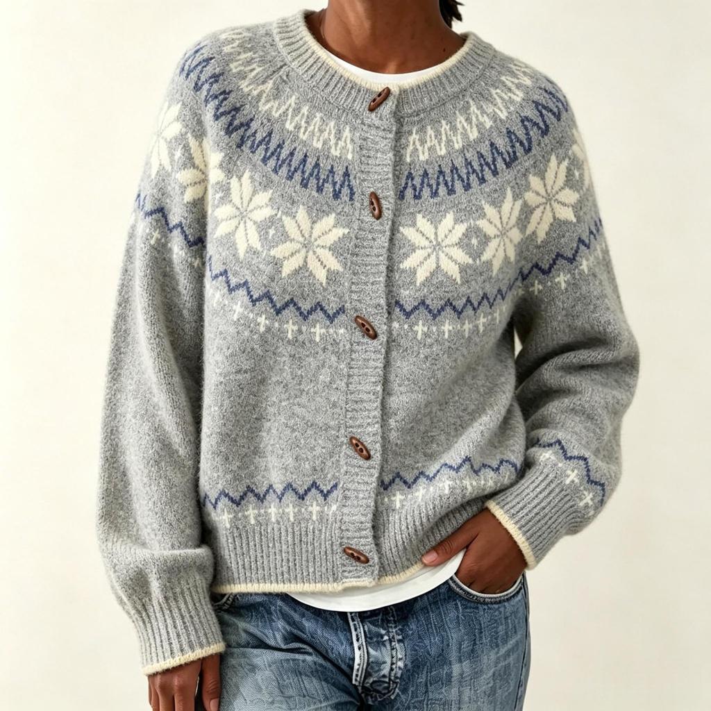 Women's 2026 Autumn/Winter Jacquard Knit Round Neck Snowflake Cardigan Sweater with Horn Buttons
