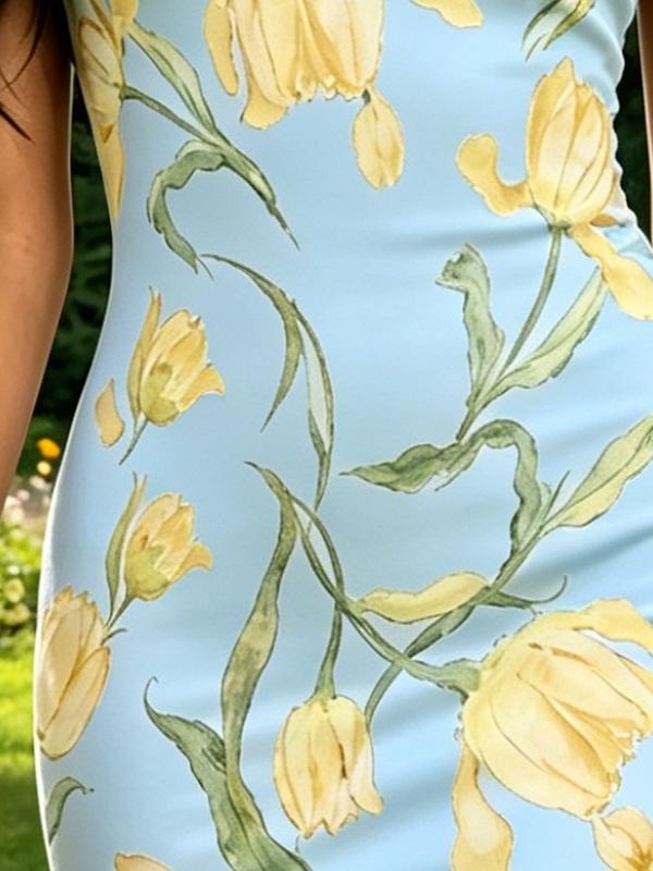 Light Blue Yellow Tulip Floral Print One Shoulder Spaghetti Strap Bodycon Midi Dress Womens Casual Party Dress
