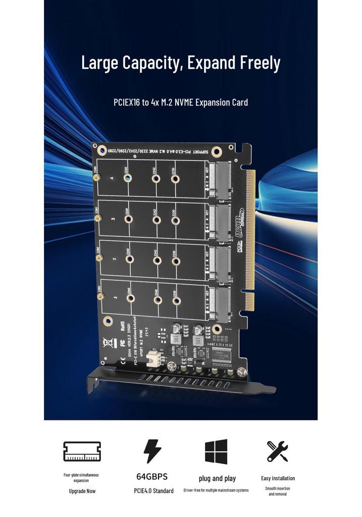 PCIe X16 Quad M.2 NVMe Expansion Card - 4-Bay RAID, Supports Software RAID, 2TB per Drive.
