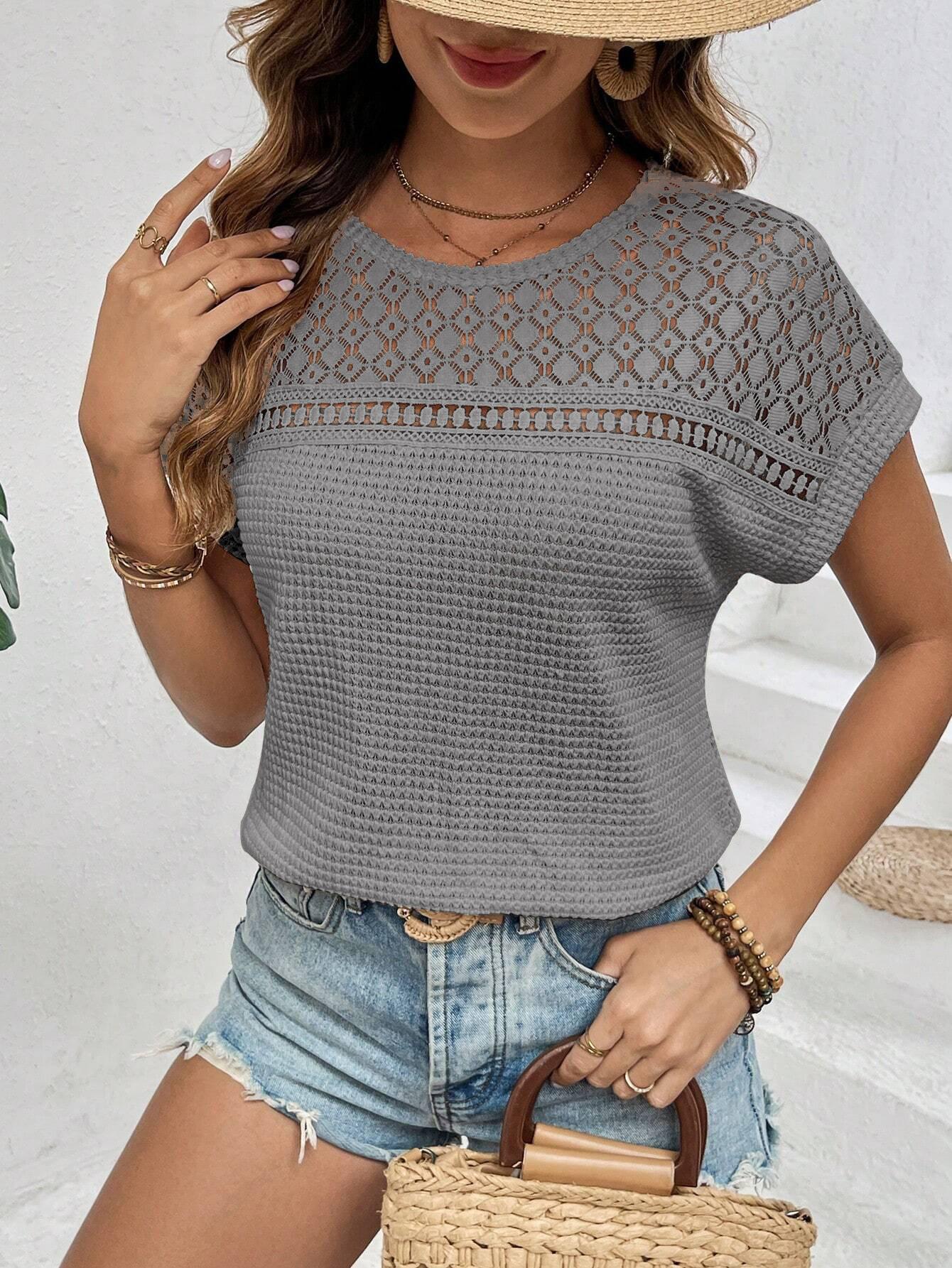 

Жіночий в язаний топ з мереживом та коротким рукавом, повсякденна літня футболка, блузка в стилі бохо-шик, різних кольорів XXL сірий колір