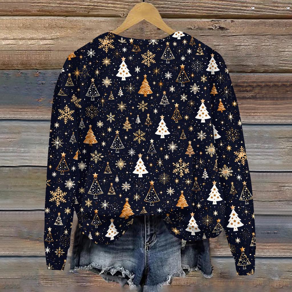 Women's Casual Long Sleeve Christmas Print Crewneck Sweatshirt Top for Holiday Wear