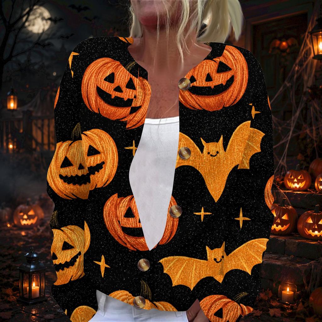 Damenmode Halloween-Print Strickjacke mit langen Ärmeln und Knopfleiste - Lässiger Mantel für den Alltag und Feiertagspartys