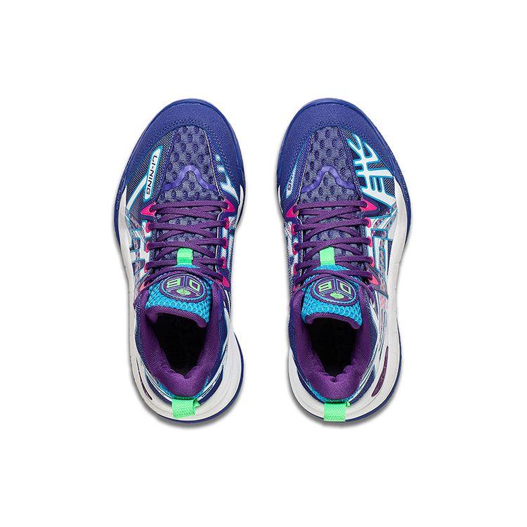 Li Ning Youth Dawn Halo Durable Non-Slip Color Block Letter Mid-Top Basketball Shoes Kids Basketball Shoes Blue YKBT030-1