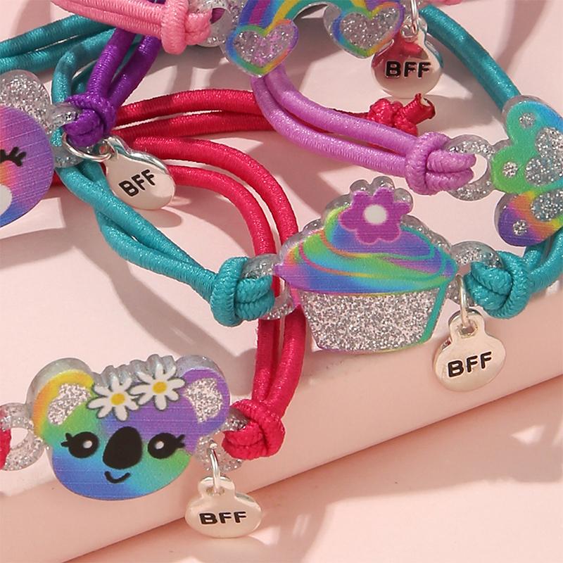 5Pcs/set Cartoon Bear Butterfly Rainbow Charm Adjustable Cord Rope Bracelet for Girl Hairband Use Friendship Gift