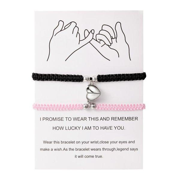 2 Pcs Lucky Red Braided Rope Bracelet for Women Men Romantic Heart Magnetic Matching Bracelets Lovers Valentine's Day Zircon