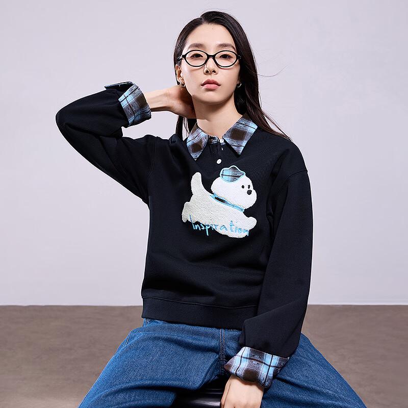 Women's Cartoon Puppy Spliced Plaid Sweatshirt