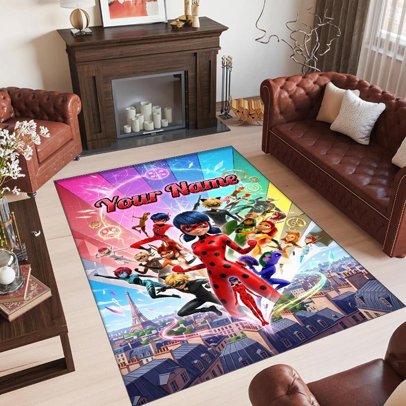 Alfombra de Terciopelo de Cristal Personalizada con Nombre y Texto, Alfombra de Área Antideslizante Miraculous Ladybug Para Decoración del Hogar