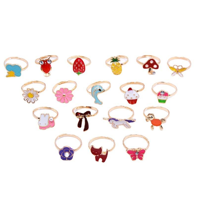 6/12/36pcs Cute Adjustable Rings for Pretend Play Makeup Toys for Girls Cartoon Crystal Jewelry Alloy Rings Gifts for Girls
