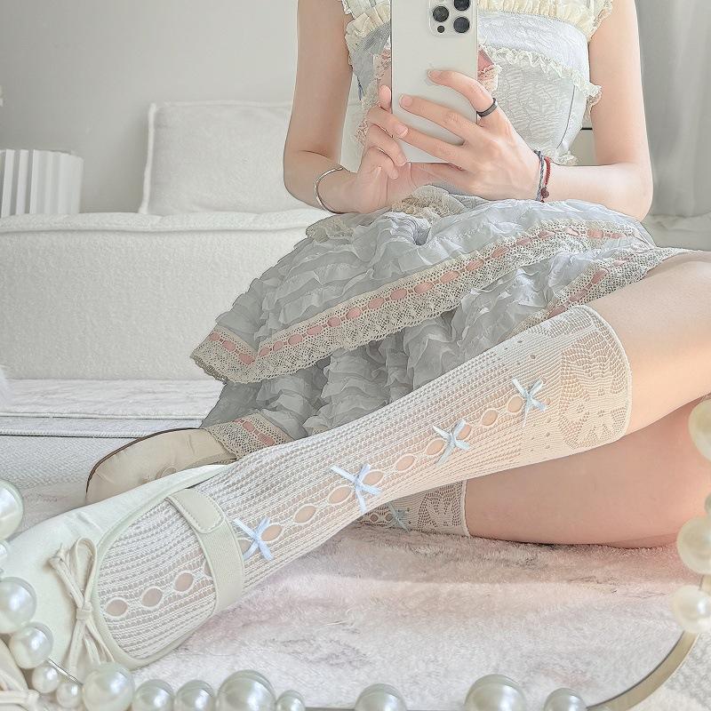 Japanese soft girl sexy pure desire wind calf socks women's spring summer thin hollow mesh cute bow stacking socks