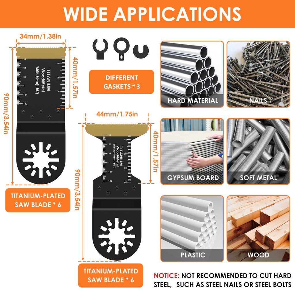 12Pcs Titanium Oscillating Saw Blades Set 1.34/1.73inch Multipurpose Bi-Metal Oscillating Multitool Saw Blades Cutting Tool