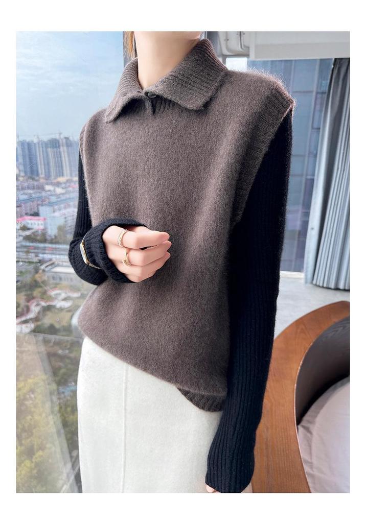 Women's Pure Wool Lapel Knit Vest - Solid Color Sleeveless Autumn/Winter Sweater Shawl