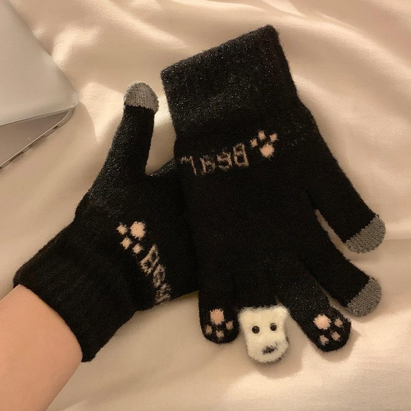 Winter Plush Knitted Five-finger Gloves Women's Autumn and Winter Warm Thickened Student Cycling Can Be Windproof and Cold Korean Version