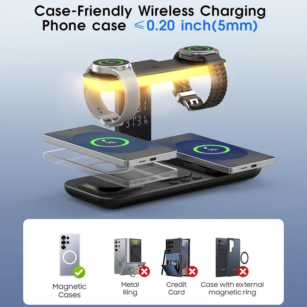 7 In 1 Dual Magnetic Wireless Charging Station for Samsung Foldable Charger with Clock LED Night Light