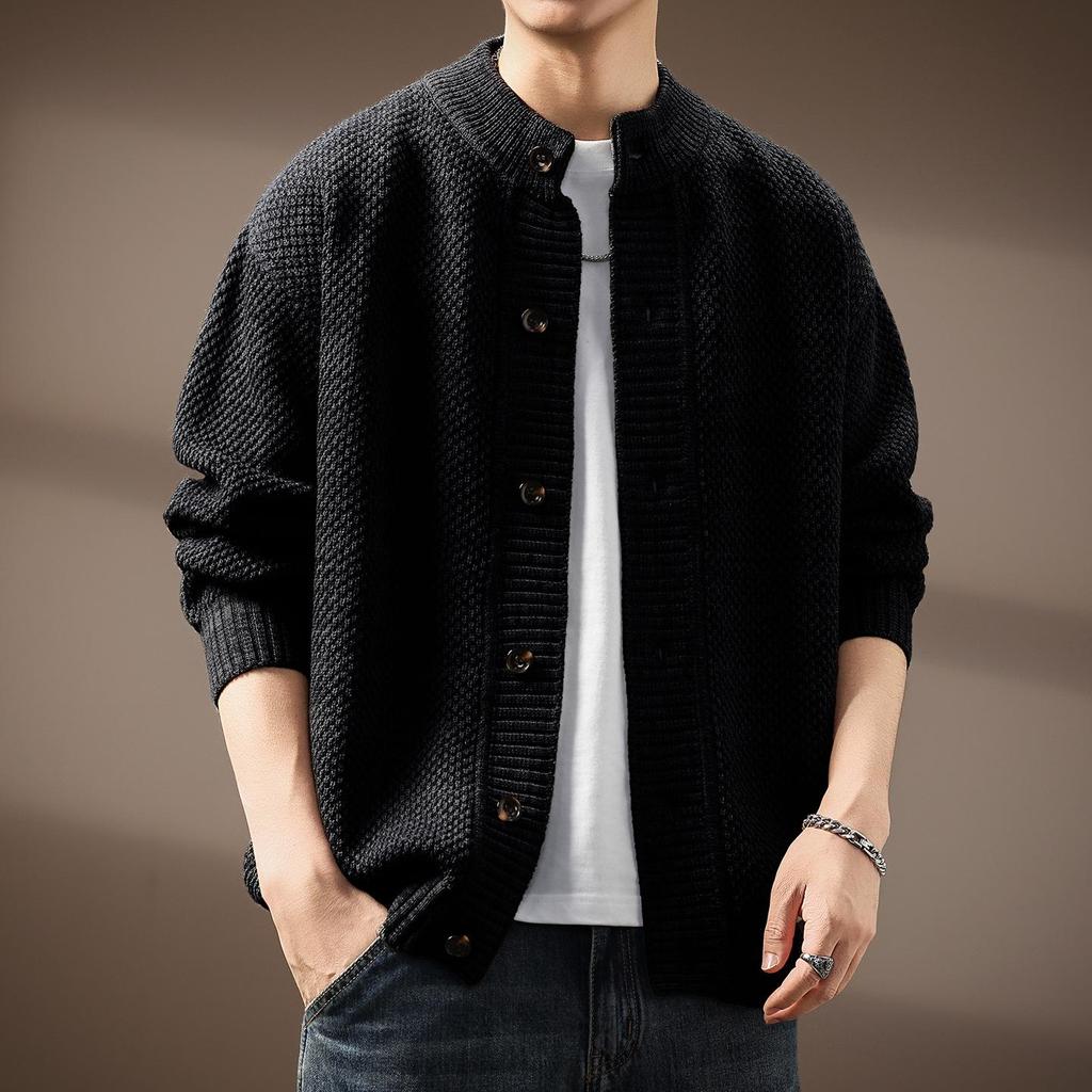 Men's High-End French Retro Cardigan Sweater: Winter Thick Knit Stand Collar Jacket