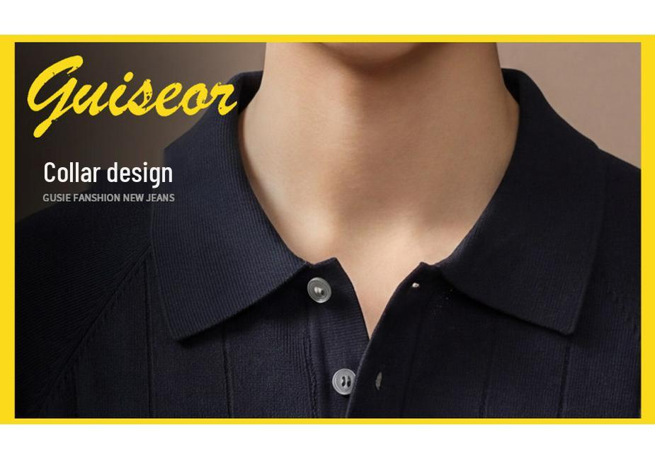 Men’s Luxury Textured Knit Polo Shirt – Ice Silk Short-Sleeve with Lapel