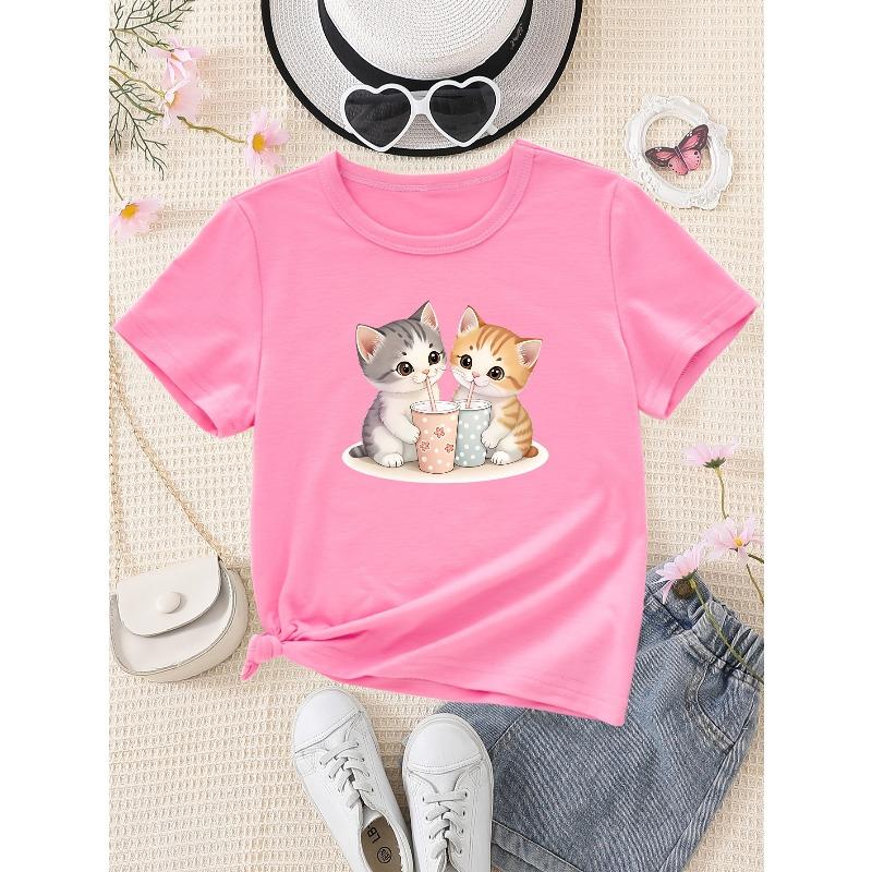 Girl's Cat Print Cute, Comfortable, and Versatile Short-Sleeve T-Shirt