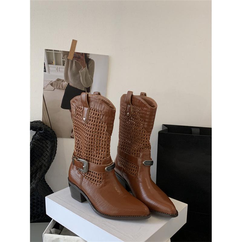 Boots women's summer 2025 new high-end hollow woven thick heel cool boots western style belt buckle pointed fashion boots
