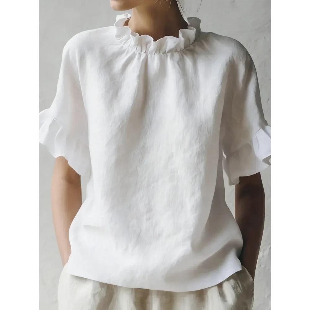 Women Summer New Solid Color Casual Loose Ruffle Short Sleeve Blouse