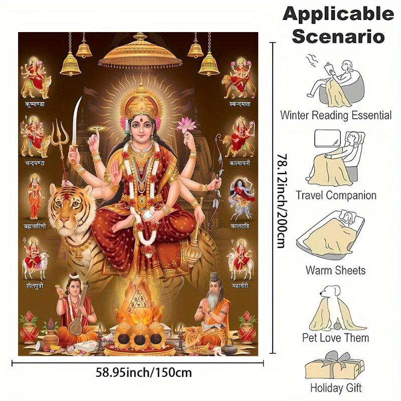 Coperta in Flanella Reversibile per Tutte le Stagioni con Stampa della Dea Indiana Durga, Stile Contemporaneo, Stampa Digitale, Tessuto per Casa e Ufficio