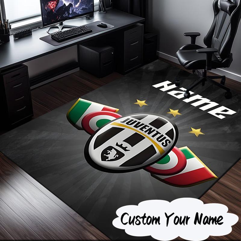 Custom Name Juventus FC Crest Design Rug for Living Room, Game Rooms, Office, Bedroom, Floor Mat Playful Design, Fan Gifts Christmas Decor