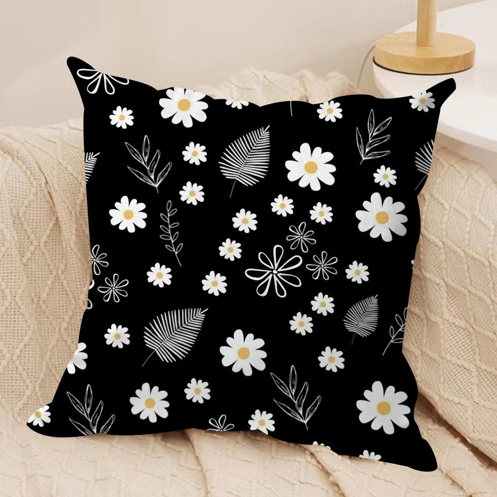 Classic Black Daisy Cushion Cover Short Plush Doublesided Print Square Throw Pillow Covers Sofa Home Cushion Decor